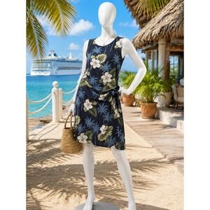 Pacific Legend Hawaii Tropical Hibiscus Dress M Navy Wrap Tie Resort Cruise